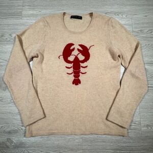 Hannah Rose Women Sweater 100% Cashmere Tan Beige L Lobster Graphic Crew Neck